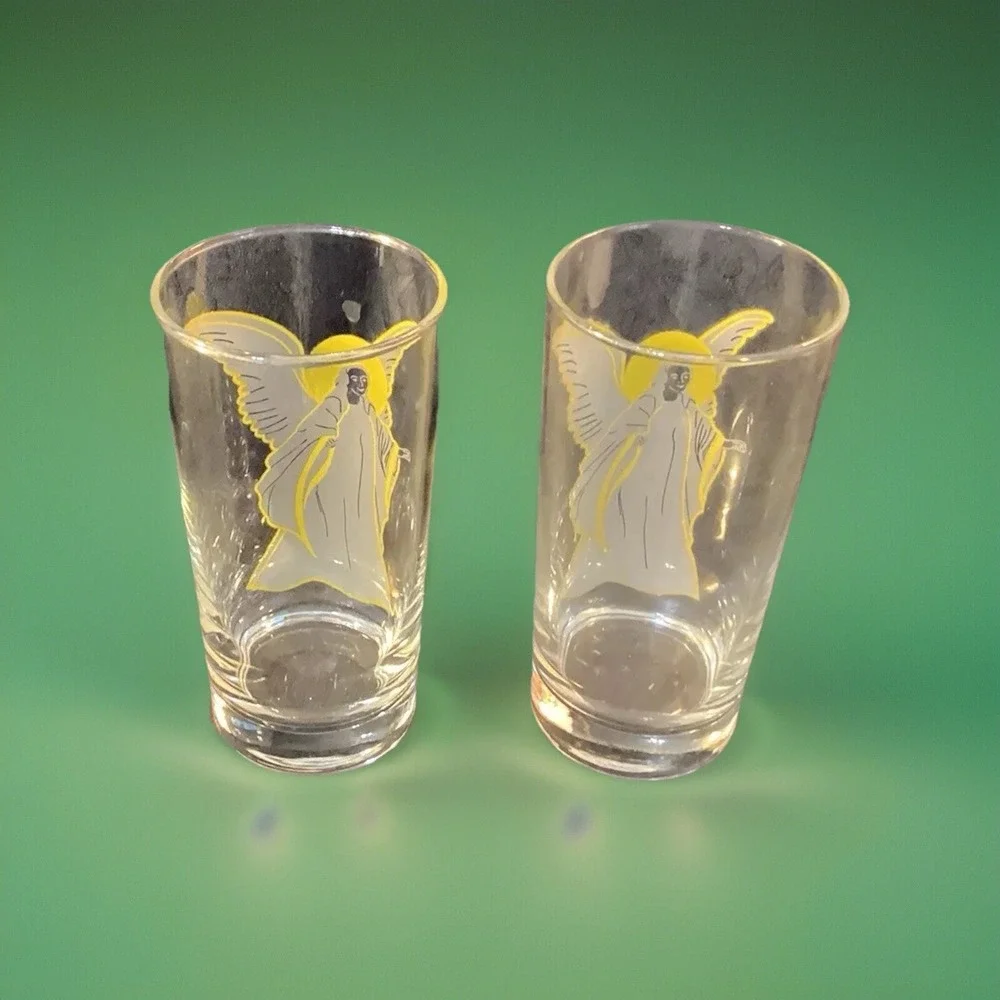 Set of 2 Vintage Tall Glasses with Frosted Angel with Gold Accents MCM Glassware